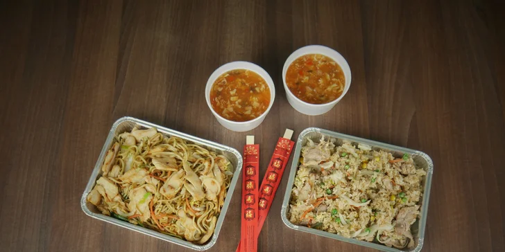 Stylové asijské menu pro 2 až do vašeho obýváku: polévka a hl. jídlo dle výběru
