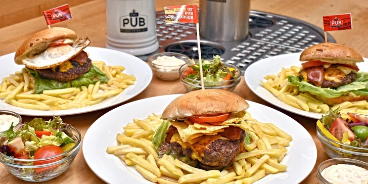 Burgerové menu pro jednoho i pár v pubu se samoobslužnými výčepy