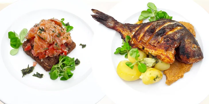 Středomořské menu o dvou chodech: bruschetta s lososem a pražma královská