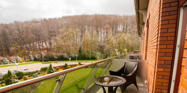 Dvoulůžkový pokoj Deluxe má navíc balkon s výhledem do zeleně a k dispozici také kávovar.