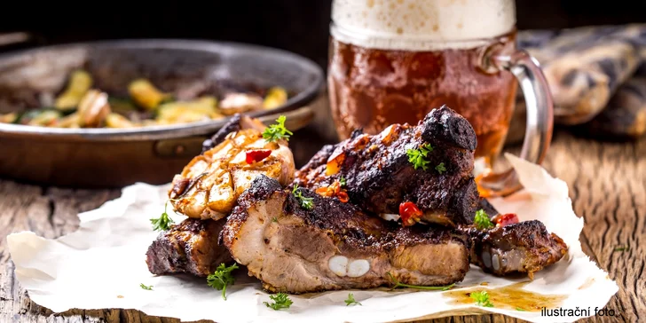 Kilo pečených žebírek z restaurace U Peciválů na Stodolní - s pivem nebo bez