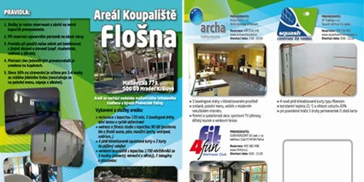 149 Kč za slevy na fitness, bowling, squash a stravování. Užívejte si prázdnin v areálu Koupaliště Flošna v Hradci Králové se slevou 62 %.