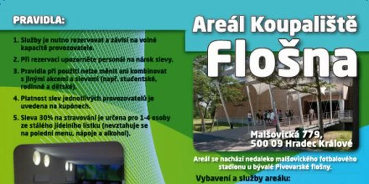 149 Kč za slevy na fitness, bowling, squash a stravování. Užívejte si prázdnin v areálu Koupaliště Flošna v Hradci Králové se slevou 62 %.