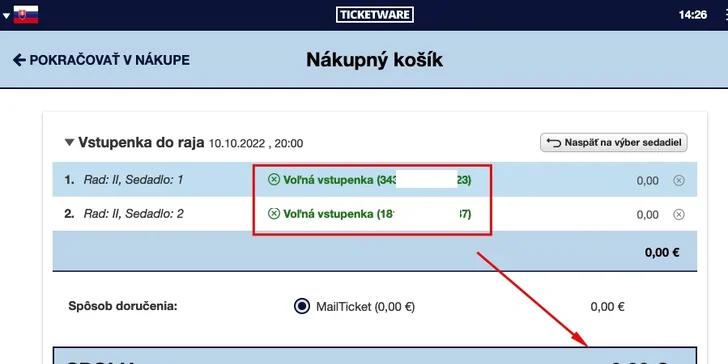 Po zadaní a uplatnení kódu, resp. viacerých kódov voucherov bude cena prepočítaná na 0€ a vy dokončíte rezerváciu zakliknutím možnosti "získať vstupenky." Po zrealizovaní rezervácie vám bude doručený e-mail na vami uvedenú adresu so vstupenkami a ďalšími inštrukciami.