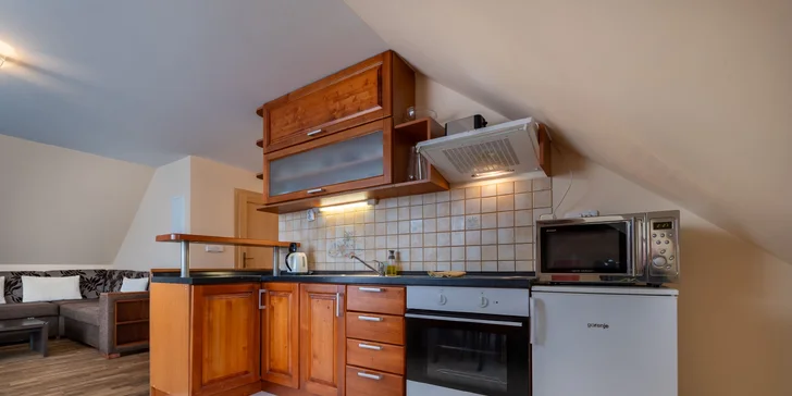 Plně vybavený kuchyňský kout obsahuje lednici, mikrovlnnou troubu, konvici, kuchyňské nádobí a keramickou dvouplotýnku či čtyřplotýnku.