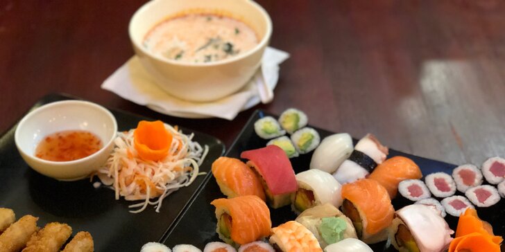 Sushi set s maki nebo větší sety s maki, nigiri a thajskou krevetovou polévkou