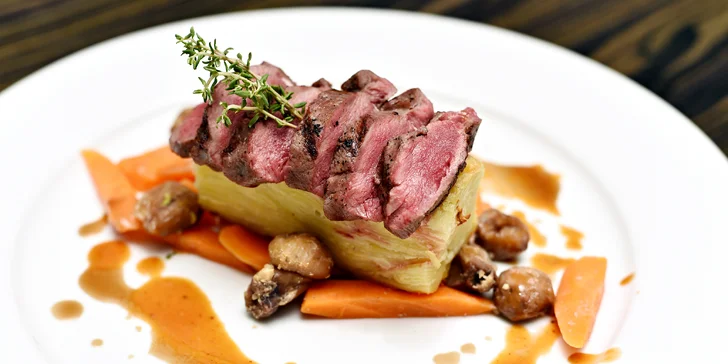 5chodové degustační menu s rybou i srnčím hřbetem a příp. lahví vína pro dva