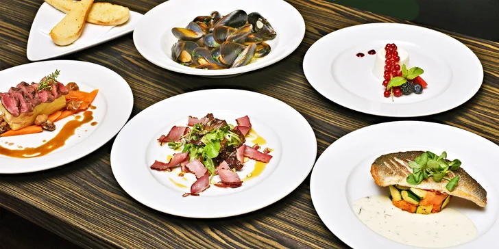 5chodové degustační menu s rybou i srnčím hřbetem a příp. lahví vína pro dva