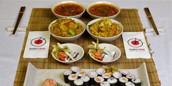 245 Kč za parádní asijský Sushitime set PRO DVA. Pikantní polévky, 18 kousků sushi, opékaná rýže s masem i dezert Mozzi – levný dovoz a jistá sleva 50 %.