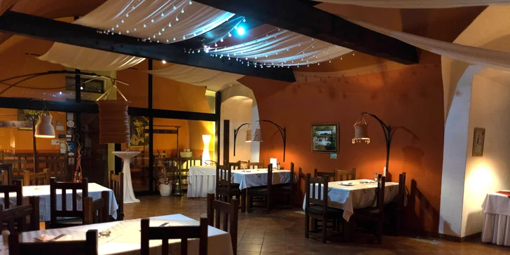Příjemné posezení ve dvou: menu s jelením steakem, filetem z okouna a lahví vína