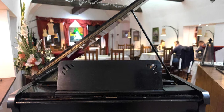 Příjemné posezení ve dvou: menu s jelením steakem, filetem z okouna a lahví vína