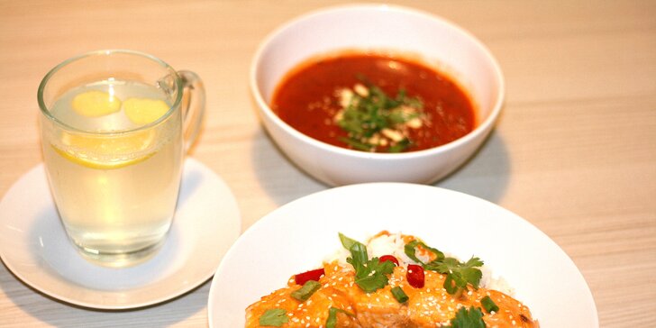 Japonsko-thajské bistro Mr. Sushito: polévka, kuře, krevety nebo losos a drink