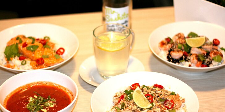 Japonsko-thajské bistro Mr. Sushito: polévka, kuře, krevety nebo losos a drink