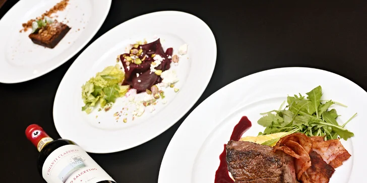 Menu pro 2: rump steak na víně s gratinovaným bramborem a čok. brownies