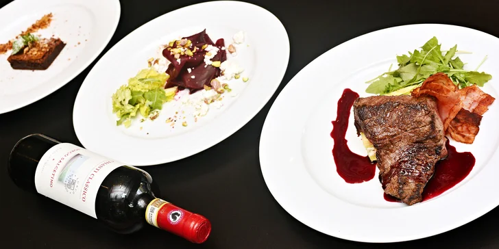 Menu pro 2: rump steak na víně s gratinovaným bramborem a čok. brownies