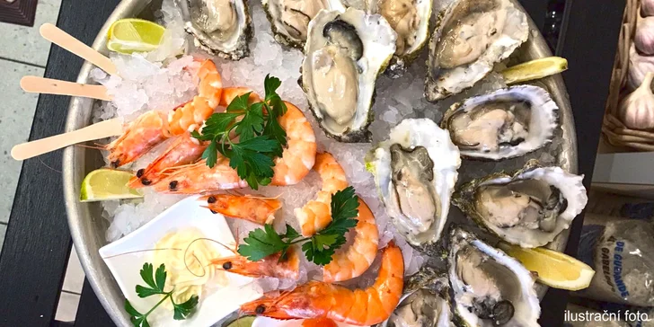 Čerstvé ústřice a krevety v Seafood - na výběr ze tří plat