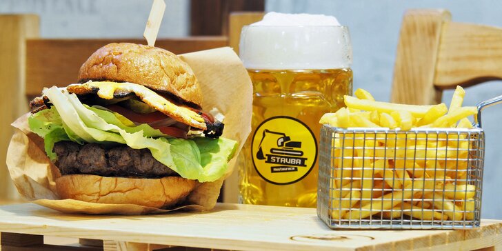 Burgerová mánie v centru Brna: burger podle výběru z 12 druhů a hranolky