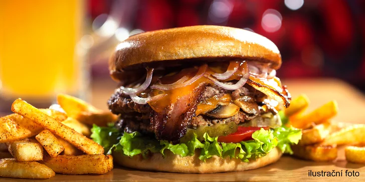 Hovězí burger výběrem z 5 druhů pro 1 či 2 i s hranolky