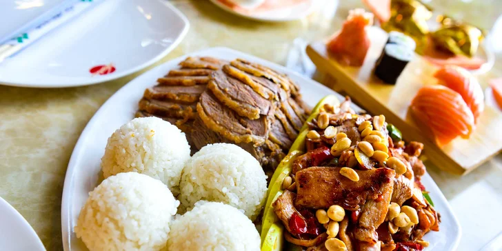 200 g Chrumkavá kačica, 200 g Kuracie Kung Pao, Biela ryža  