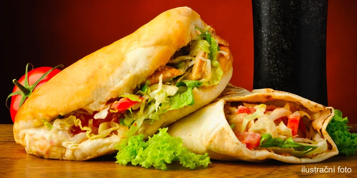 Kebab v Londýnské: 150 g kuřecího, dresing a příloha v tortille či chlebu a nápoj