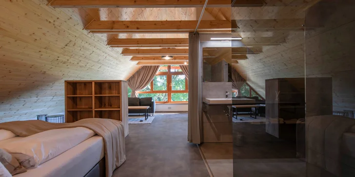 Romantický podkrovní apartmán je vybavení walk-in koupelnou a infrasaunou.