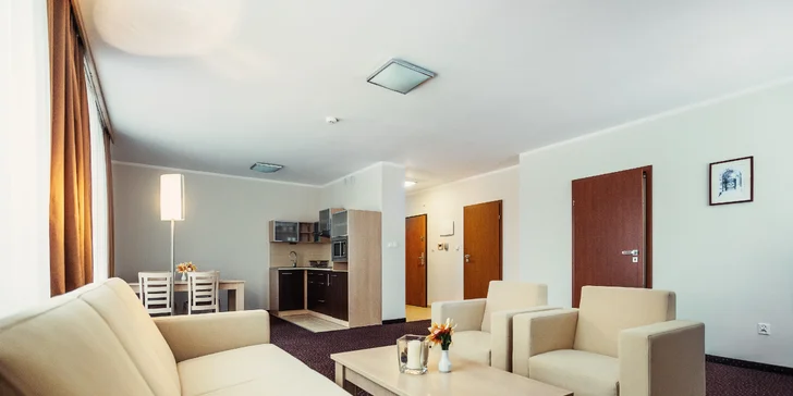 Apartmán má ložnici a obývací pokoj. 