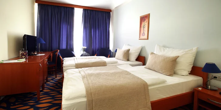 Součástí pokoje je minibar, LCD televize, trezor i set pro přípravu kávy a čaje.