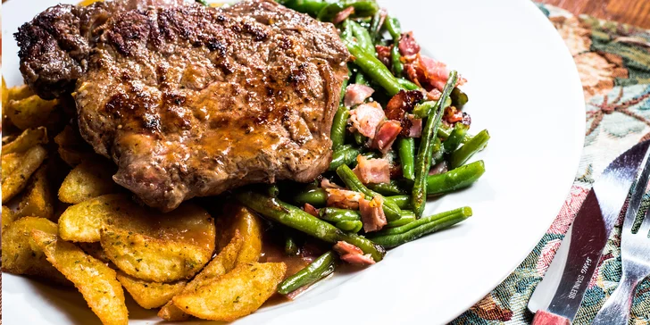 Hovězí rib eye steak z Brazílie, americké brambory a fazolky pro 1 nebo 2 osoby