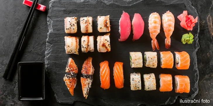 Sushi v podzámčí: 24 nebo 38 rolek s lososem, mořským vlkem i krabem