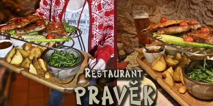 349 Kč za opulentní steakovou hostinu v restauraci Pravěk pro 2-4 jedlíky! Hovězí steak, kuřecí prsíčka i steak z krkovičky a vydatná porce příloh se slevou 61 %.