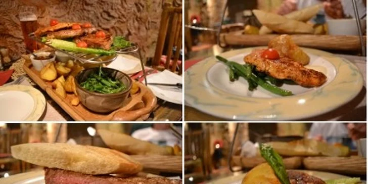 349 Kč za opulentní steakovou hostinu v restauraci Pravěk pro 2-4 jedlíky! Hovězí steak, kuřecí prsíčka i steak z krkovičky a vydatná porce příloh se slevou 61 %.
