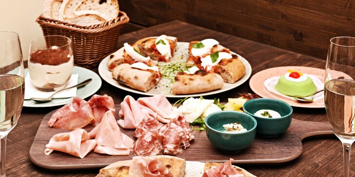 Tříchodové menu v italském stylu pro 2: předkrm, pizza Gourmet a dezert