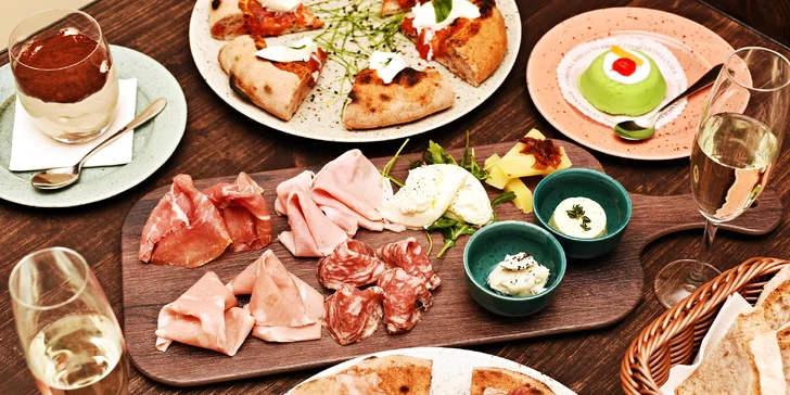 Tříchodové menu v italském stylu pro 2: předkrm, pizza Gourmet a dezert