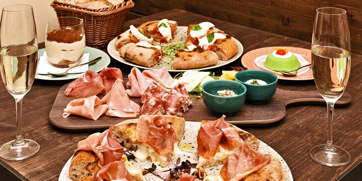 Tříchodové menu v italském stylu pro 2: předkrm, pizza Gourmet a dezert