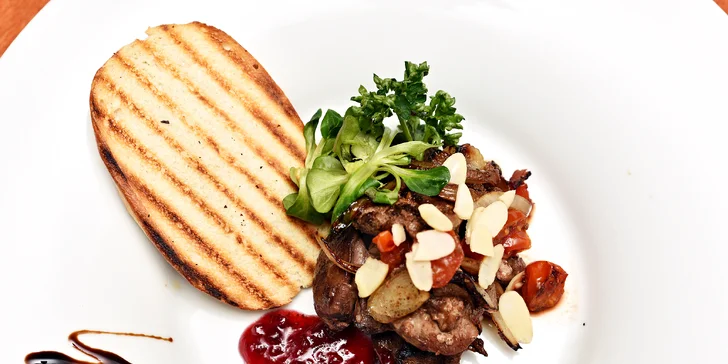 Čtyřchodové menu s vínem nebo bez pro 2: feta sýr, kachní jatýrka i prsa, losos a dezerty