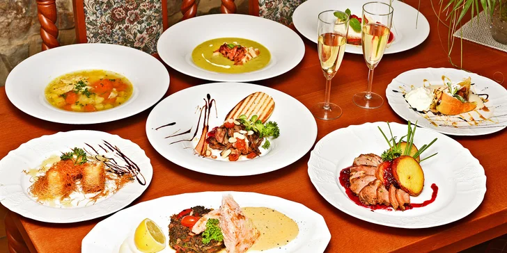 Čtyřchodové menu s vínem nebo bez pro 2: feta sýr, kachní jatýrka i prsa, losos a dezerty