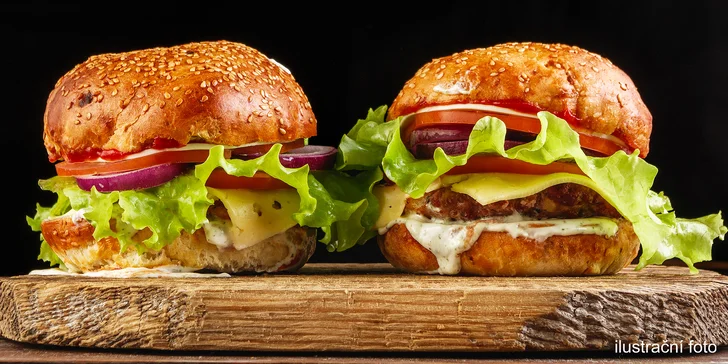 2× hamburger výběrem z 5 druhů, např. řecký nebo Mexico+ hranolky