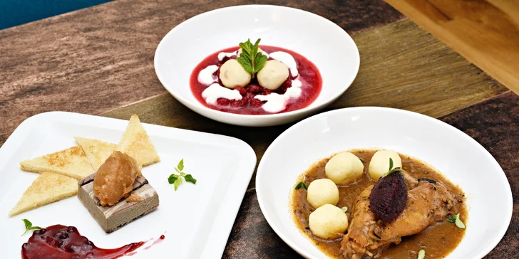 4chodové menu pro 2: parfait z kachních jater, vývar, konfitovaná husa i lívance