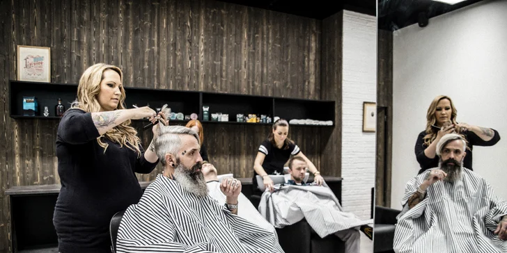 Pánský střih, holení hot towel i masáž hlavy a sklenka whisky v Barber's Wife
