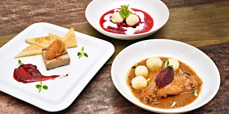 4chodové menu pro 2: parfait z kachních jater, vývar, konfitovaná husa i lívance