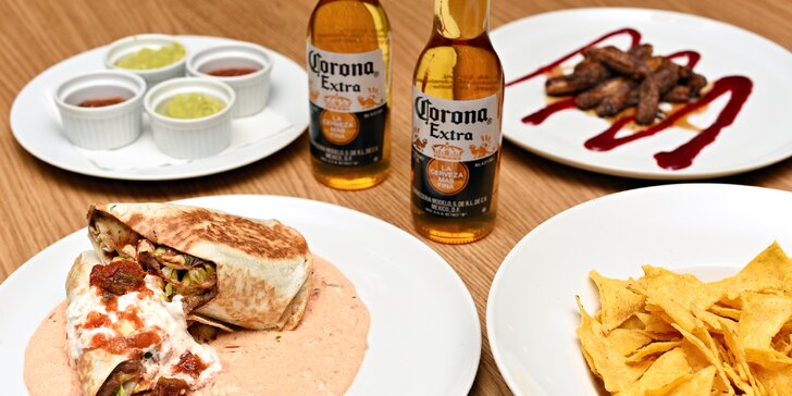 Mexické menu s pivem Corona i bez: nachos, burrito i dezert churro pro 2 osoby