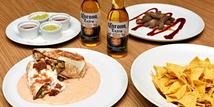 Mexické menu s pivem Corona i bez: nachos, burrito i dezert churro pro 2 osoby