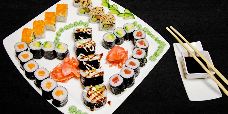 Sushi sety: 20–31 kusů, varianta s polévkou miso i vegetariánská verze