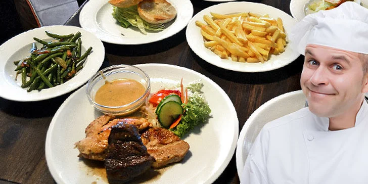 289 Kč za DVĚ porce mixgrill se svíčkovou, kuřecím a vepřovým v hodnotě 616 Kč. Nálož 600 gramů grilovaného masa s bohatými přílohami.