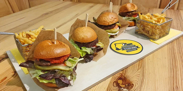 4× jiná chuť: burgerové degustační menu a hranolky, Cheese i Bacon a Jack Daniel's burger