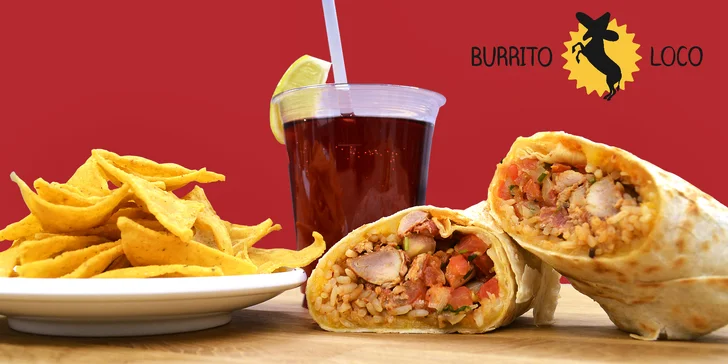 Menu v Burrito Loco: kuřecí quesarito, tortilla chipsy a nápoj aqua fresca