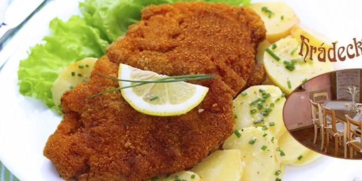 69 Kč za maxi vepřový řízek a přílohu dle přání v restauraci Hrádecký dvůr. Pořádná porce masa s hranolky nebo bramborem a se slevou 53 %.