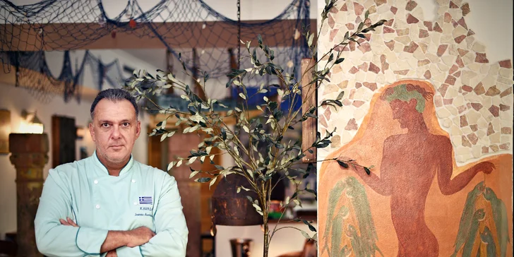 Degustace mnoha řeckých předkrmů "mezze": krevetový špíz i krůtí biftečky