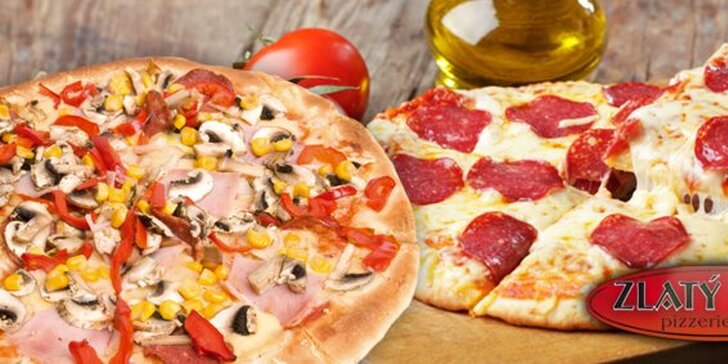 149 Kč za maxi pizzu (⌀ 55 cm) pro cca 2-4 osoby. Tomat, šunka, sýr - další ingredience dle výběru. Harmonie chutí ve  "Zlatých časech" s 51% slevou!