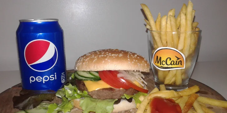 Dobrota do ruky: hovězí burger s hranolky a Pepsi pro 1 či pro 2